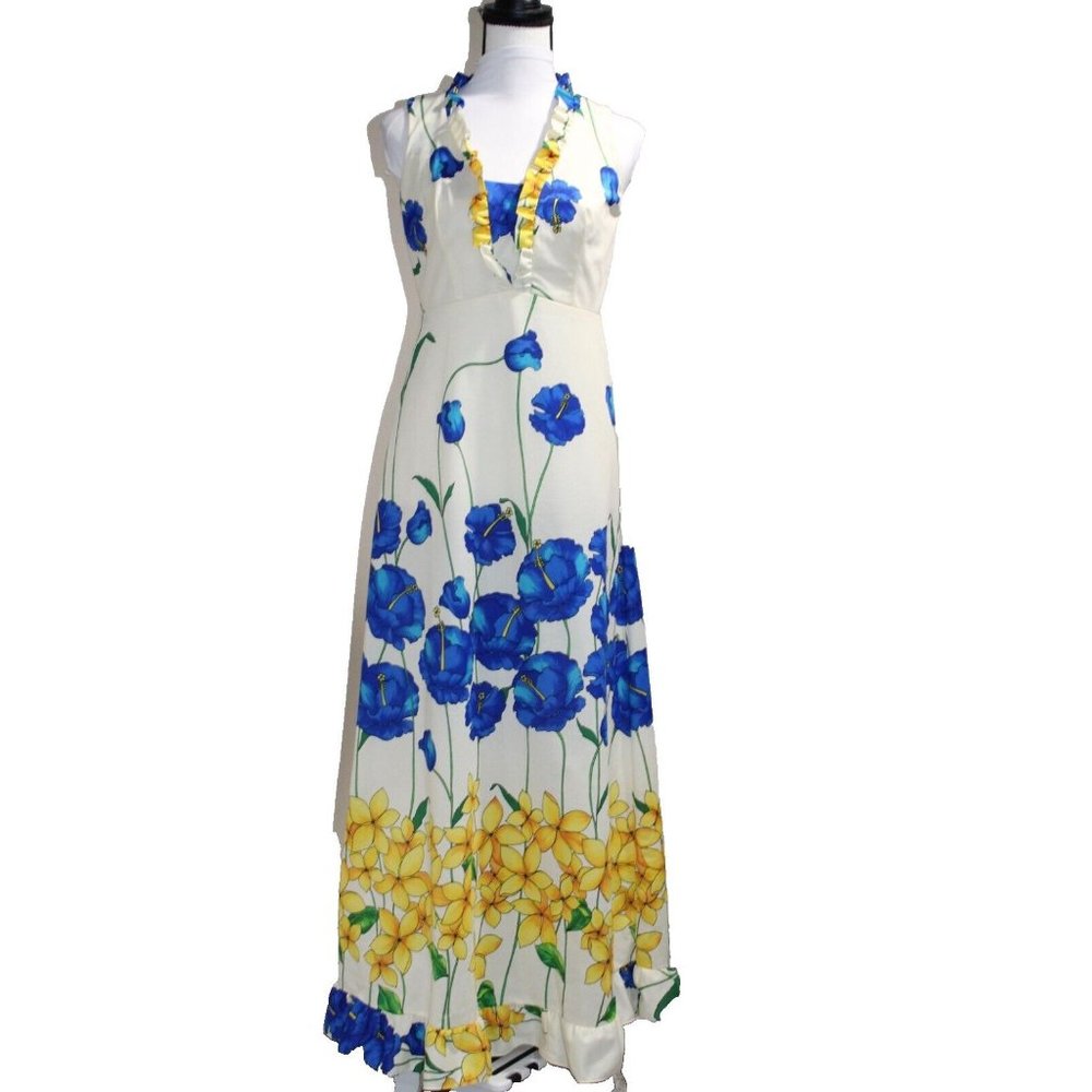 1960-1970s Vintage Malihini Hawaii Designer Collection Dress Size 10 Yellow Blue